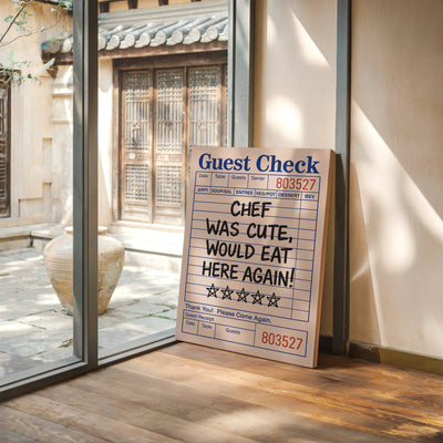 Funny Guest Check Wall Art – “Chef Was Cute” Diner Poster