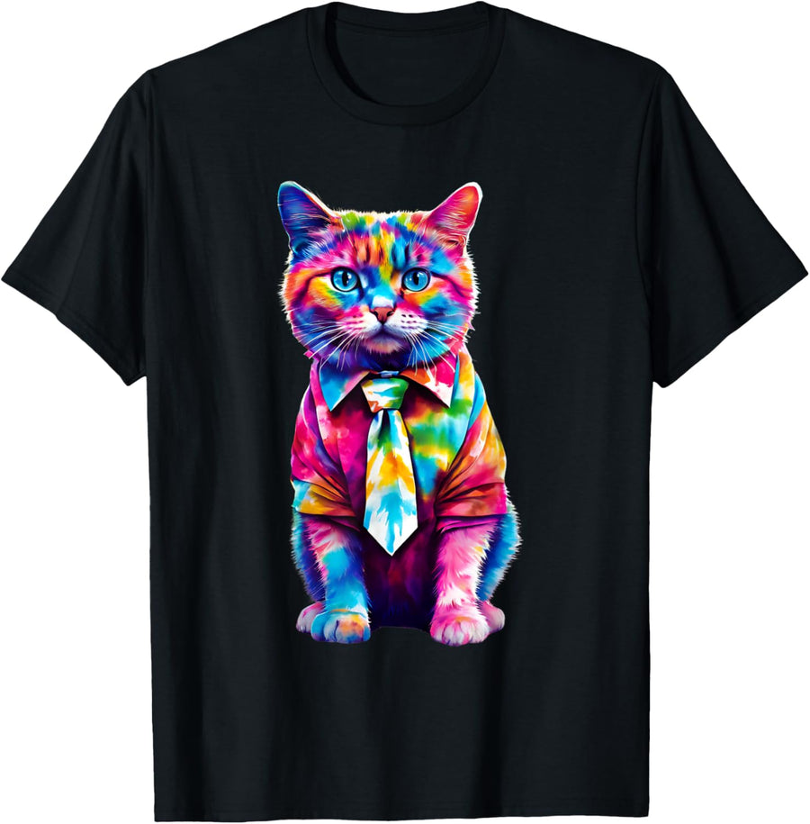 Colorful Rainbow Cat in Tie Dye Cute Funny Cat Lover T-Shirt for Men Women Girls Kids