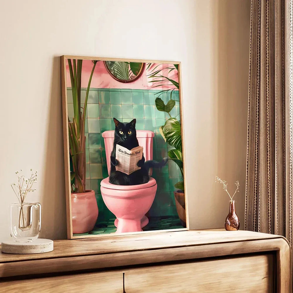 DecorBites™ Funny Cat Reading on Toilet Wall Art