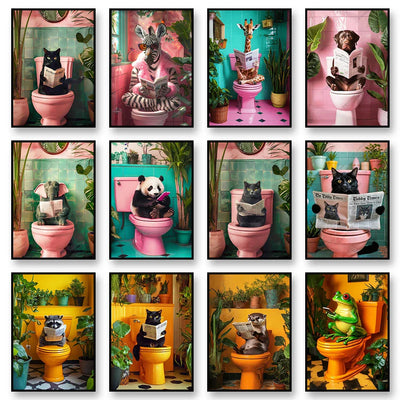 DecorBites™ Funny Cat Reading on Toilet Wall Art