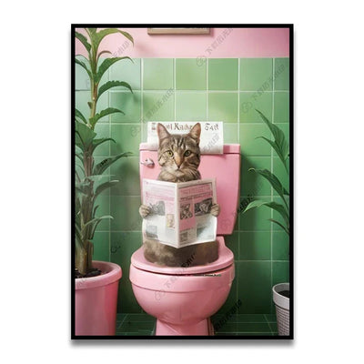 DecorBites™ Funny Cat Reading on Toilet Wall Art