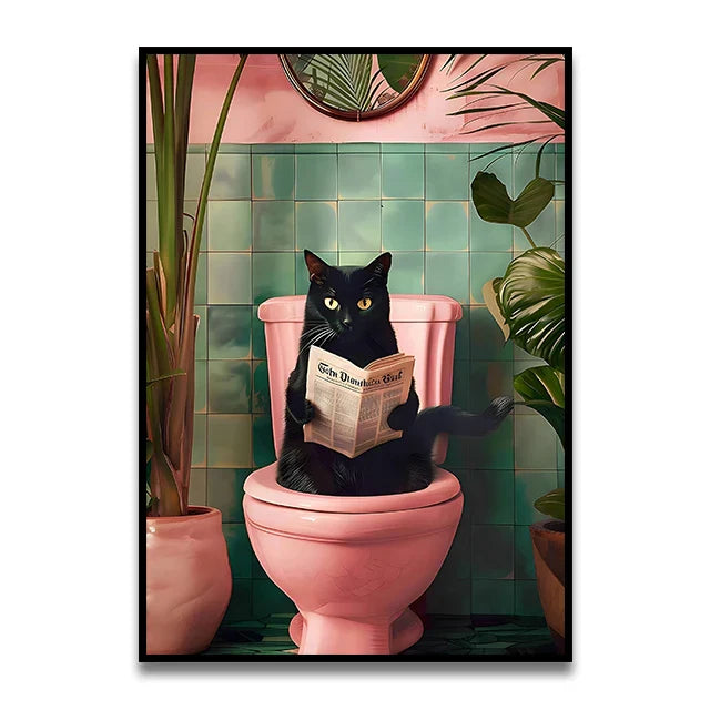 DecorBites™ Funny Cat Reading on Toilet Wall Art