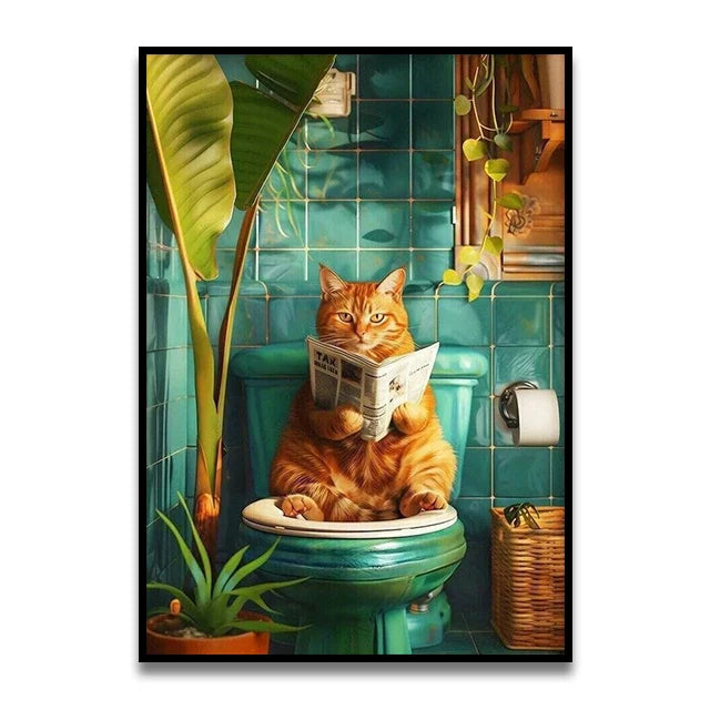 DecorBites™ Funny Cat Reading on Toilet Wall Art
