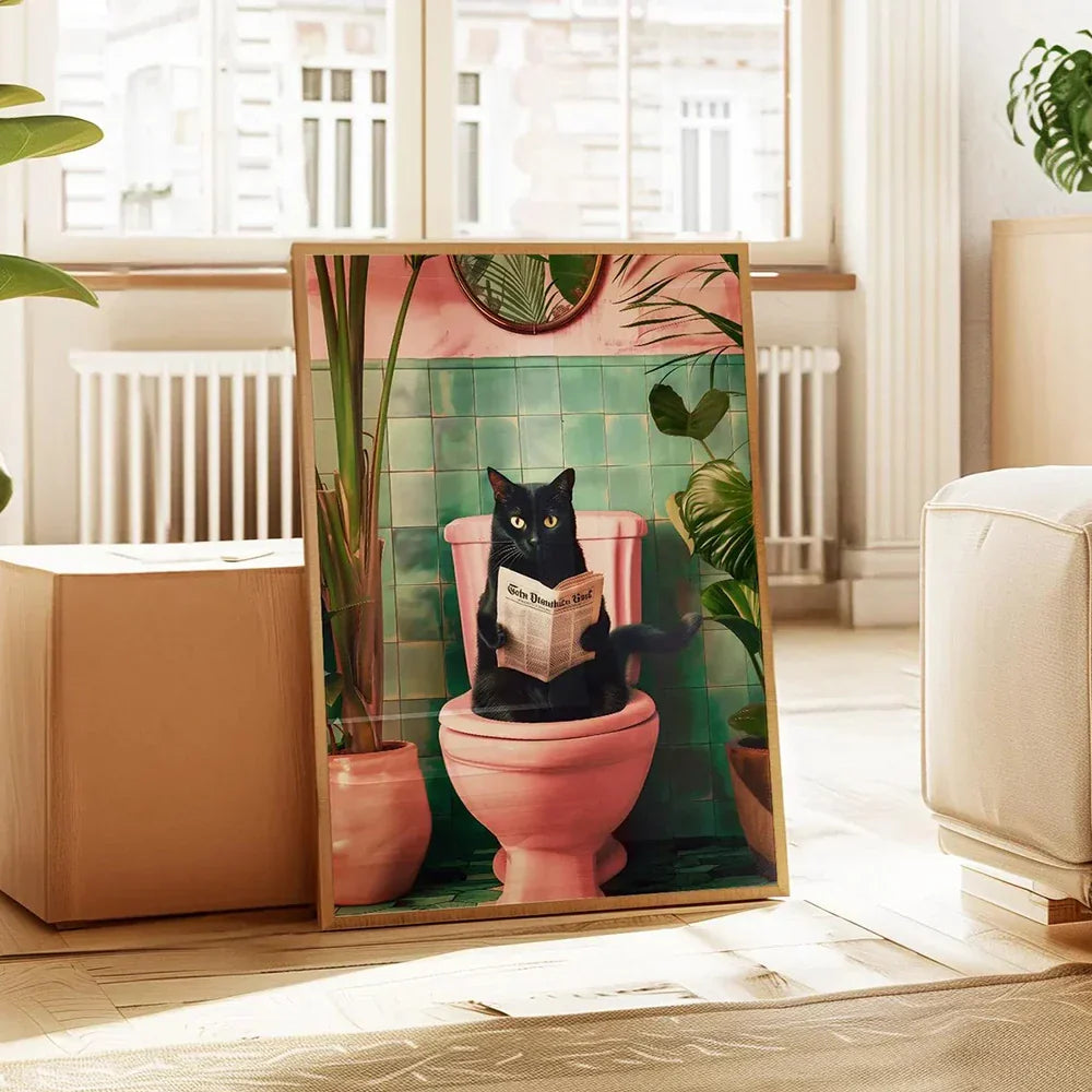 DecorBites™ Funny Cat Reading on Toilet Wall Art