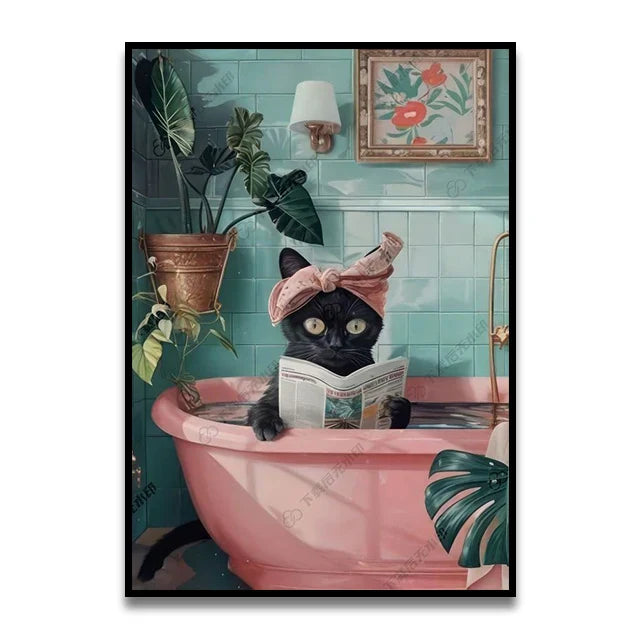 DecorBites™ Funny Cat Reading on Toilet Wall Art