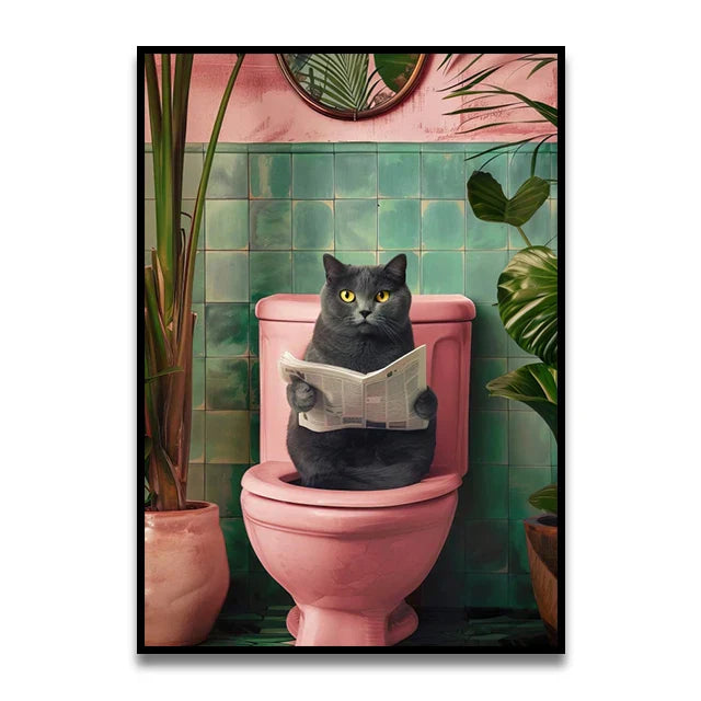 DecorBites™ Funny Cat Reading on Toilet Wall Art
