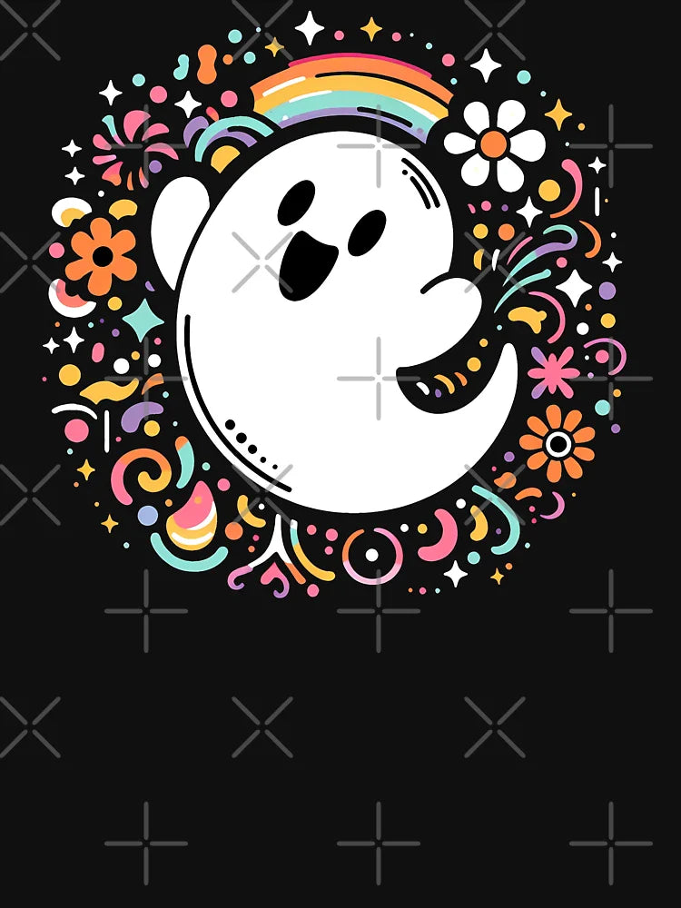 HAPPY CUTE KAWAII HALLOWEEN GHOST SURROUNDED BY FLOWERS AND A RAINBOW TRICK OR TREAT    Midjourney AI Artwork