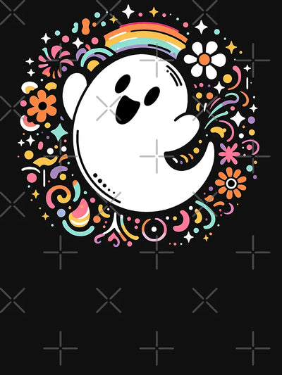 HAPPY CUTE KAWAII HALLOWEEN GHOST SURROUNDED BY FLOWERS AND A RAINBOW TRICK OR TREAT    Midjourney AI Artwork