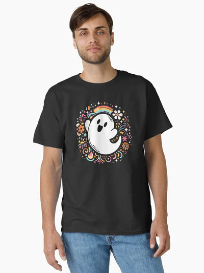 HAPPY CUTE KAWAII HALLOWEEN GHOST SURROUNDED BY FLOWERS AND A RAINBOW TRICK OR TREAT    Midjourney AI Artwork