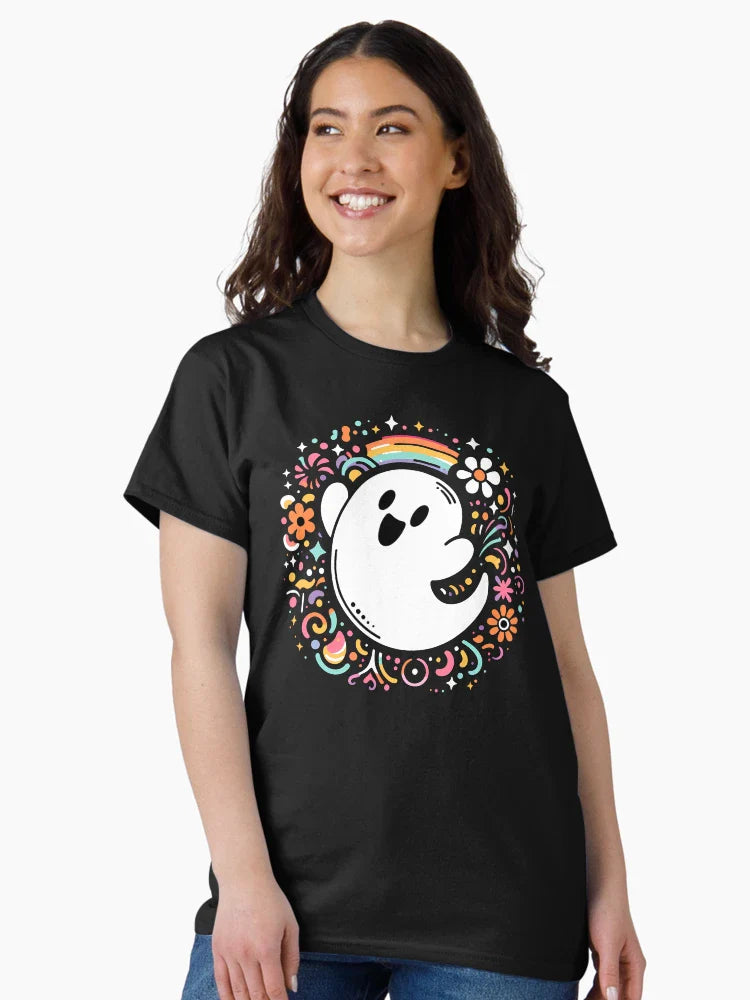 HAPPY CUTE KAWAII HALLOWEEN GHOST SURROUNDED BY FLOWERS AND A RAINBOW TRICK OR TREAT    Midjourney AI Artwork